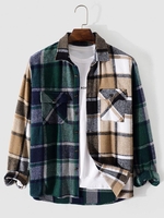 Plaid Patchwork Pocket Flannel Shirt L Coffee