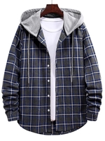 Plaid Pattern Button Up Hooded Shirt S Cadetblue