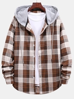 Plaid Pattern Color Blocking Hooded Shirt S Beige