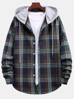 Plaid Pattern Color Blocking Hooded Shirt Xl Cadetblue