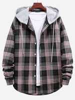 Plaid Pattern Color Blocking Hooded Shirt Xl Smokey gray
