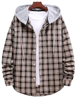 Plaid Pattern Colorblock Hooded Shirt S Black