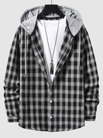 Plaid Pattern Colorblock Hooded Shirt Xl Black