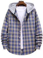 Plaid Pattern Colorblock Hooded Shirt Xl Blue koi