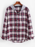 Plaid Pattern Colorblock Panel Hooded Shirt Xl Deep red