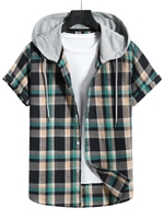 Plaid Pattern Contrast Hooded Short Sleeve Shirt Xxl Multi a