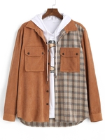 Plaid Pattern Double Pockets Button Up Jacket 2xl Coffee
