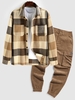 Plaid Pattern Double Pockets Wool Blend Shacket and Cargo Corduroy Pants Set Coffee