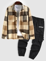 Plaid Pattern Double Pockets Wool Blend Shacket and Letter Printed Multi-pocket Cargo Pants Set Coffee