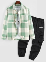 Plaid Pattern Double Pockets Wool Blend Shacket and Letter Printed Multi-pocket Cargo Pants Set Light green