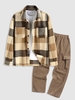 Plaid Pattern Double Pockets Wool Blend Shacket and Multi-pocket Fuzzy Polar Fleece Cargo Pants Set Coffee