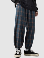 Plaid Pattern Elastic Waist Baggy Pants 2xl Deep blue