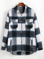 Plaid Pattern Flap Pocket Shirt Jacket L Blue