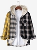 Plaid Pattern Fleece Pocket Hooded Shirt Jacket S Yellow