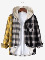 Plaid Pattern Fleece Pocket Hooded Shirt Jacket S Yellow
