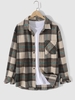 Plaid Pattern Front Pocket Design Long Sleeves Flannel Shirt S Deep green