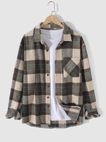Plaid Pattern Front Pocket Design Long Sleeves Flannel Shirt S Deep green