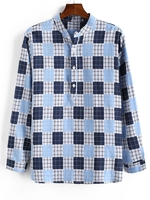 Plaid Pattern Half Button Long Sleeve Shirt L Light blue