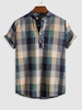 Plaid Pattern Half Button Short Sleeves Shirt S Light green