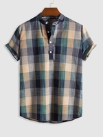 Plaid Pattern Half Button Short Sleeves Shirt S Light green