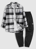 Plaid Pattern Long Sleeve Shirt and Beam Feet Cargo Pants Set Dark gray