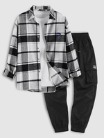 Plaid Pattern Long Sleeve Shirt and Beam Feet Cargo Pants Set Dark gray