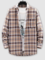 Plaid Pattern Long Sleeve Shirt L Coffee