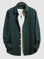 Plaid Pattern Long Sleeves Casual Shirt L Deep green