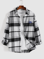 Plaid Pattern Patch Long Sleeve Shirt L Gray