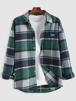 Plaid Pattern Patch Long Sleeve Shirt L Light green