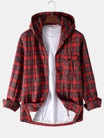 Plaid Pattern Pocket Fleece Hooded Jacket 2xl Red