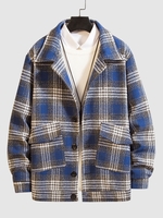 Plaid Pattern Pockets Coat L Midnight blue
