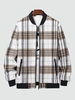 Plaid Pattern Side Zip Pocket Fleece Baseball Jacket S Tan