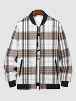 Plaid Pattern Side Zip Pocket Fleece Baseball Jacket Xl Tan