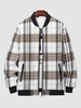 Plaid Pattern Side Zip Pocket Fleece Baseball Jacket Xxl Tan
