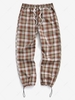 Plaid Pattern Toggle Cuff Drawstring Pants L Orange