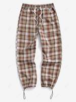 Plaid Pattern Toggle Cuff Drawstring Pants L Orange