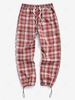 Plaid Pattern Toggle Cuff Drawstring Pants M Red