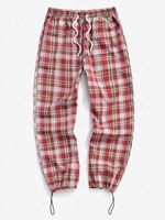 Plaid Pattern Toggle Cuff Drawstring Pants M Red