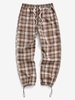 Plaid Pattern Toggle Cuff Drawstring Pants S Orange