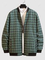 Plaid Pattern Zip Up Casual Jacket S Army green