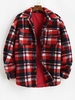 Plaid Pocket Button Up Teddy Fluffy Fleece Shirt Jacket L Red