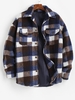 Plaid Pocket Button Up Teddy Fluffy Fleece Shirt Jacket M Peacock blue