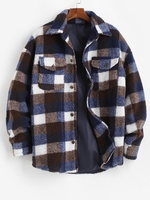 Plaid Pocket Button Up Teddy Fluffy Fleece Shirt Jacket M Peacock blue
