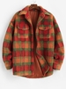 Plaid Pocket Button Up Teddy Fluffy Fleece Shirt Jacket S Dark orange