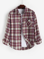 Plaid Pocket Long Sleeve Shirt M Deep red