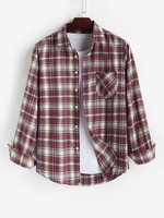 Plaid Pocket Long Sleeve Shirt S Deep red