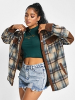 Plaid Pockets Corduroy Panel Cargo Jacket L Coffee