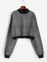 Plaid Print Batwing Sleeve Cropped Sweatshirt M Gray