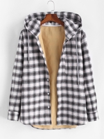 Plaid Print Button Up Hooded Pocket Fleece Jacket Xl Black